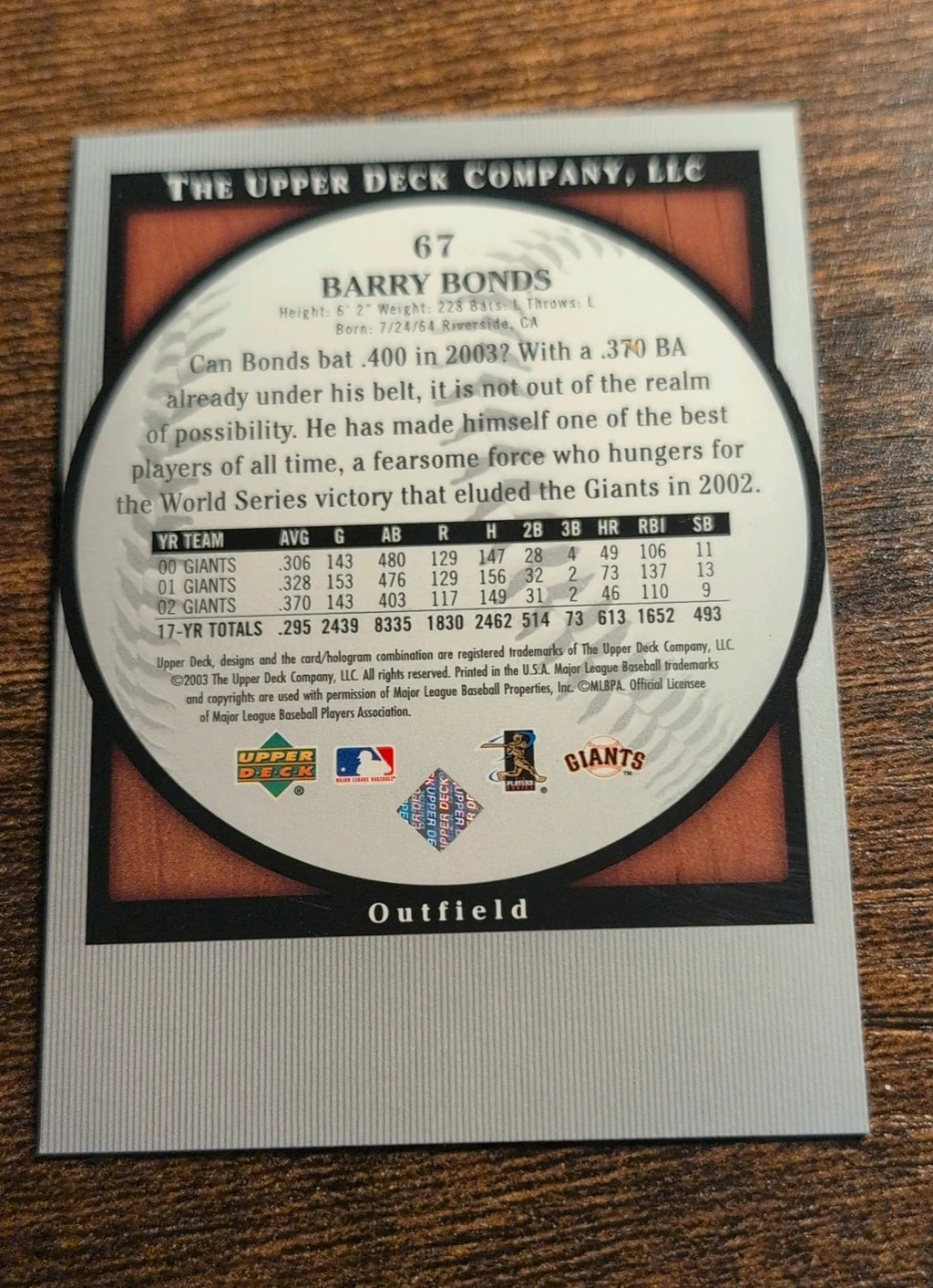 2003 Upper Deck Standing O #67 Barry Bonds - Back