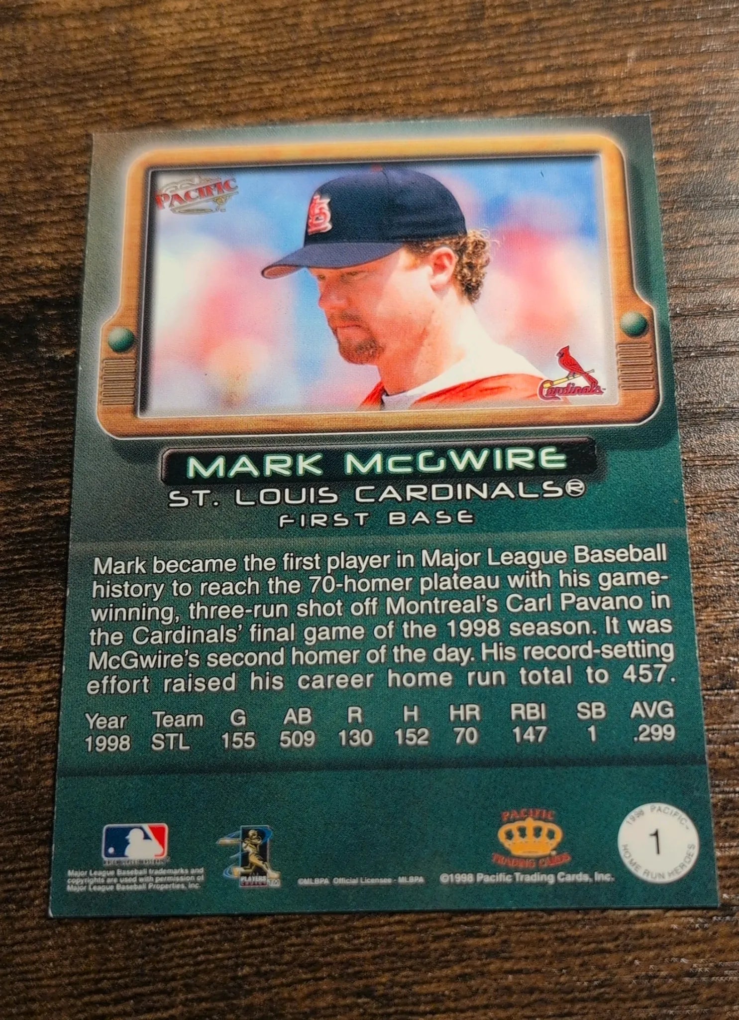 1998 Pacific Home Run Heroes #1 Mark McGwire - Back