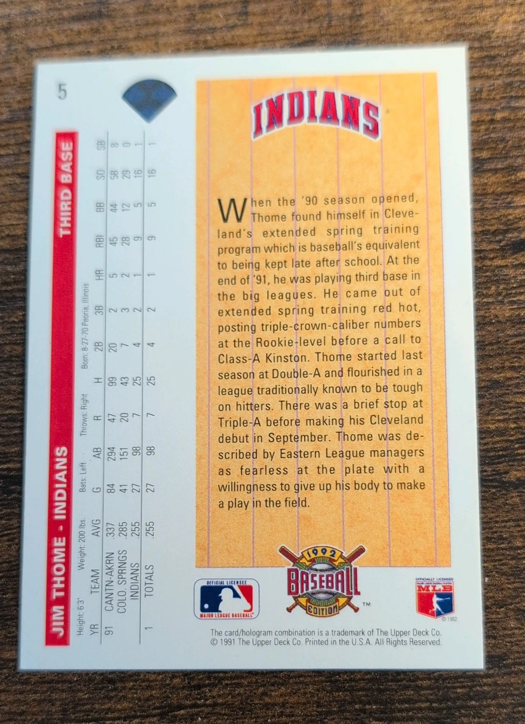 1992 Upper Deck Star Rookies #5 Jim Thome - Cleveland Indians