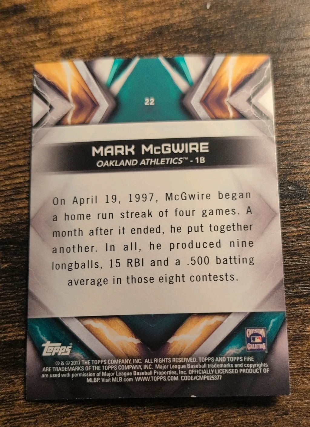 2017 Topps Fire Mark McGwire #22 - Raw NM