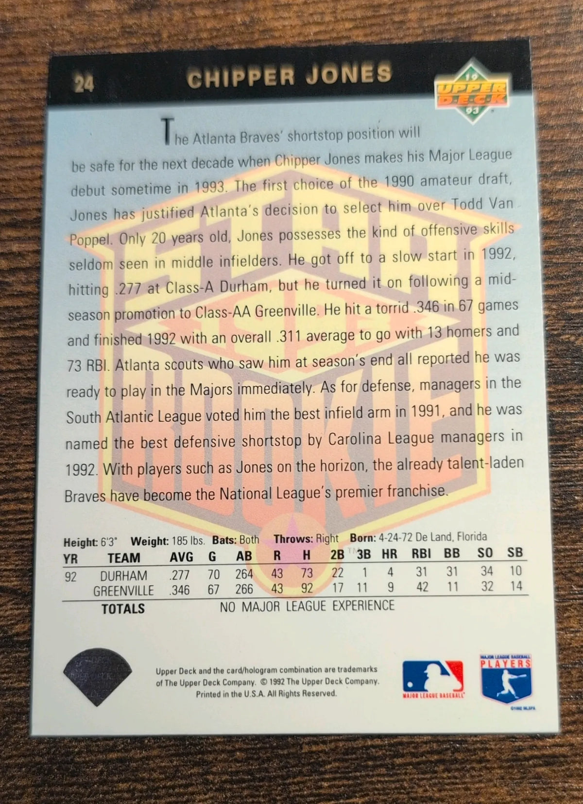 1992 Upper Deck Chipper Jones Star Rookie #24