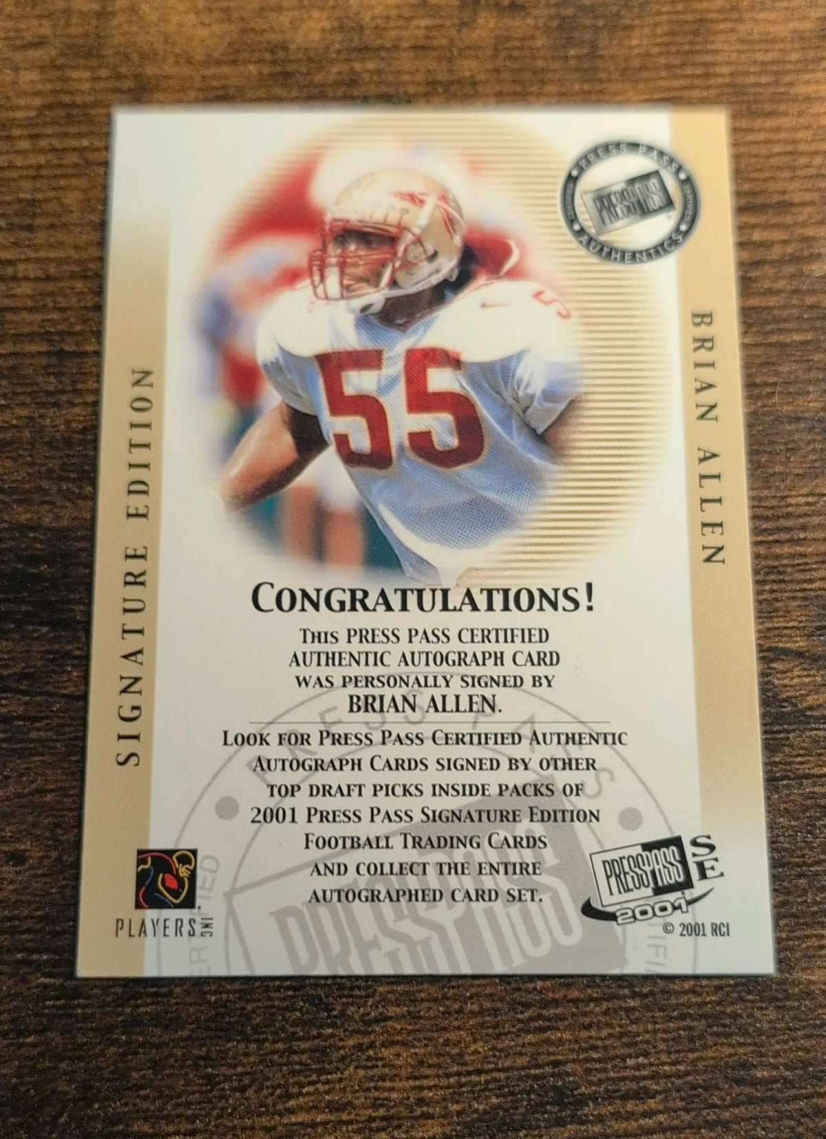 2001 Press Pass Signature Edition Brian Allen Auto Football