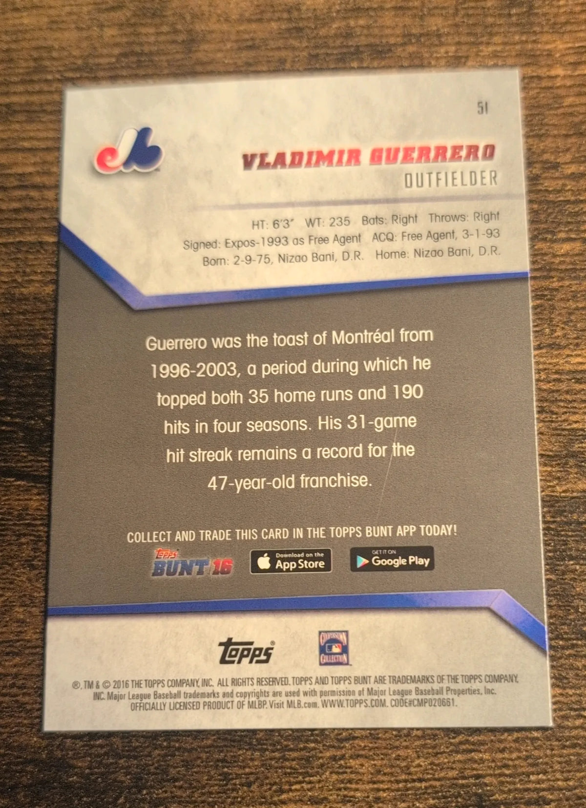 2016 Topps Bunt 16 Vladimir Guerrero #91 Montreal Expos Raw NM