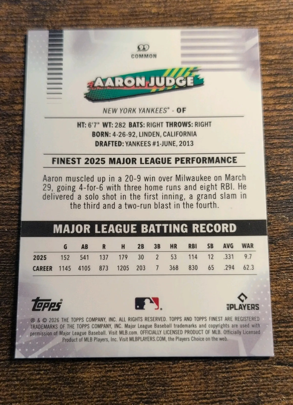 2026 Topps Finest Aaron Judge #99 Common Baseball Card