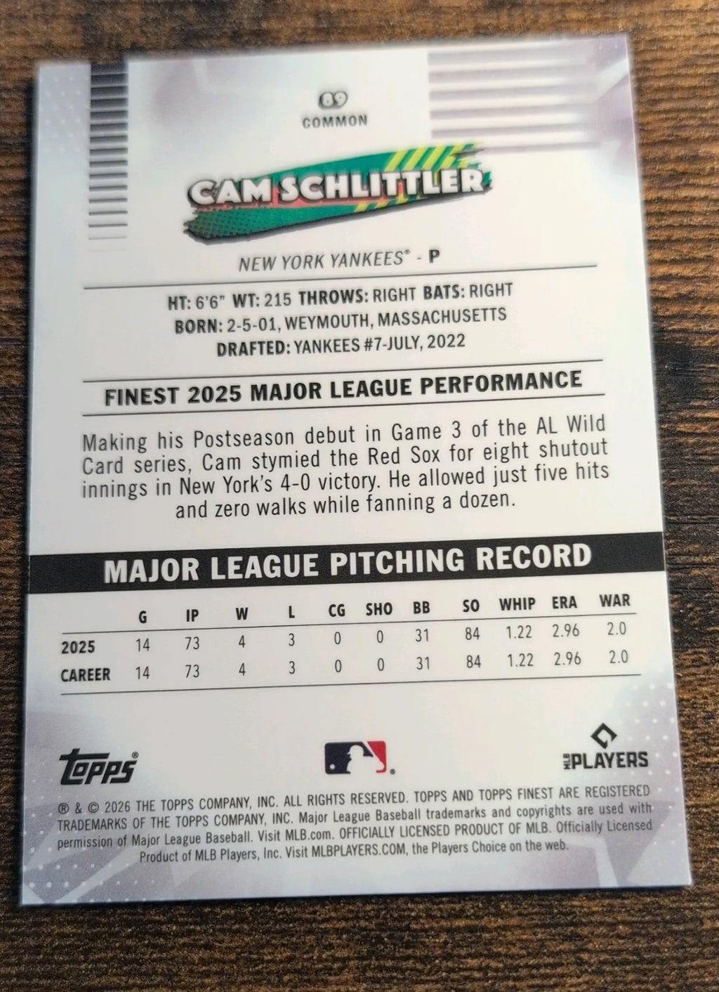2026 Topps Finest Cam Schlittler RC #89 Common Baseball Card
