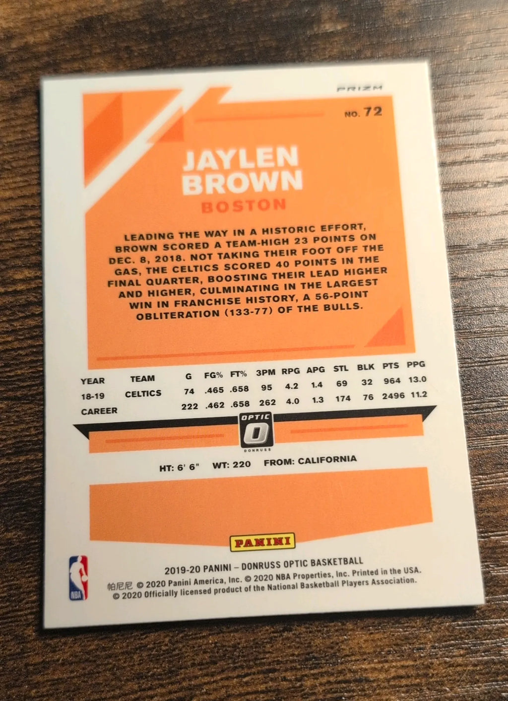 2019-20 Panini Donruss Optic Jaylen Brown #72 Purple Holo