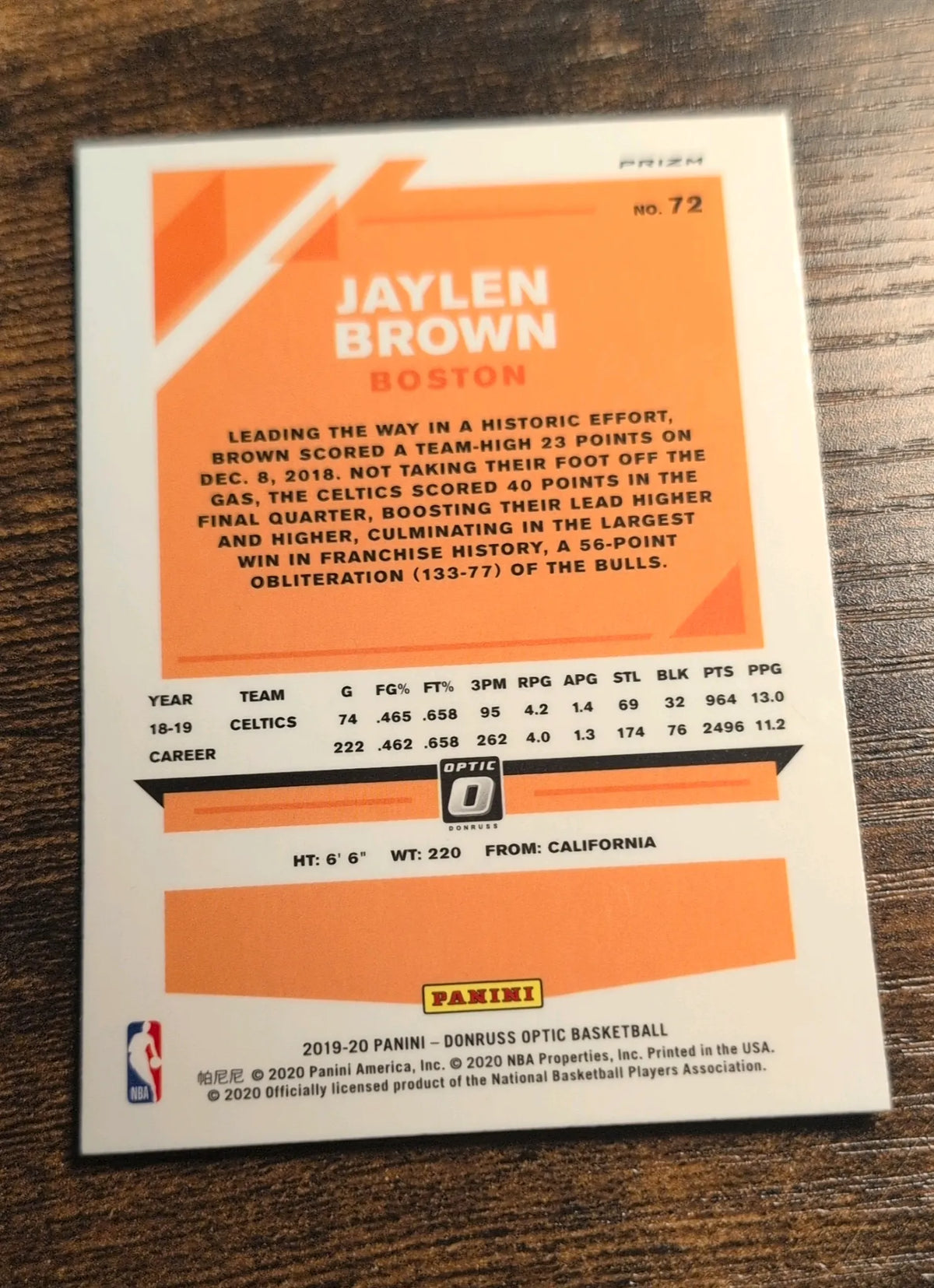 2019-20 Panini Donruss Optic Jaylen Brown #72 Purple Holo