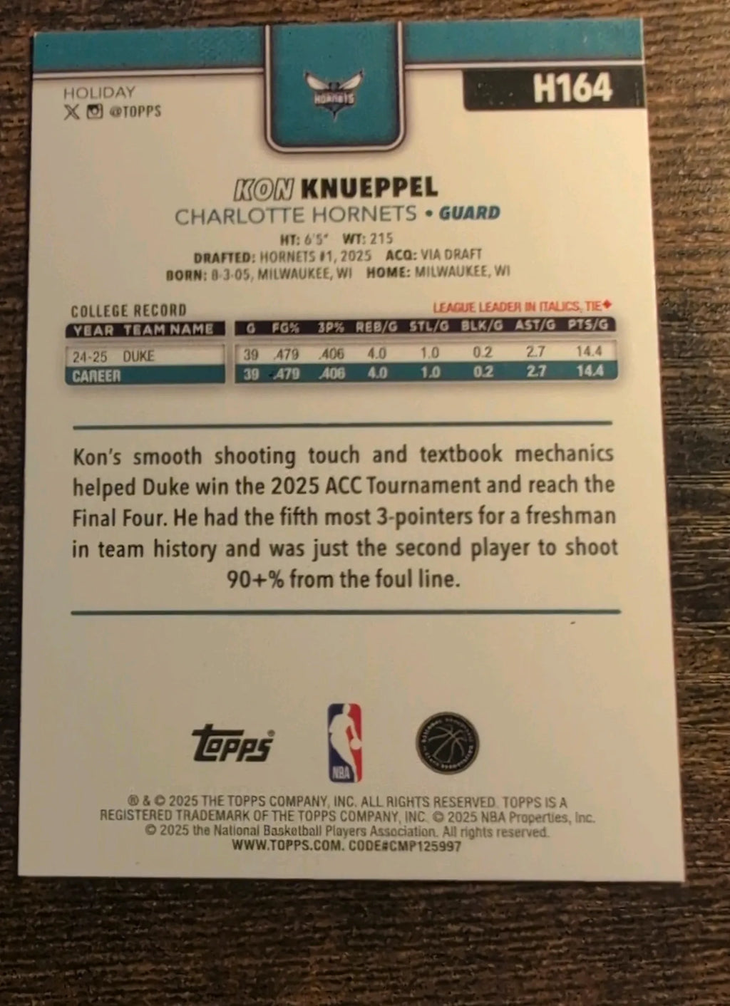2025 Topps Holiday Kon Knueppel RC #H164