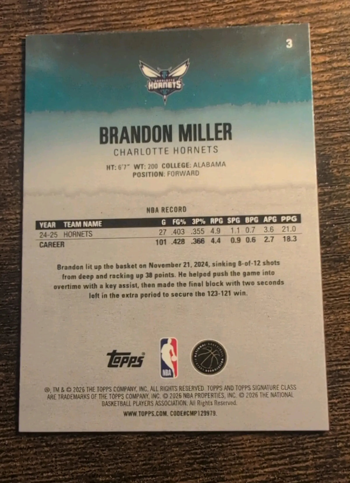 2025–26 Topps Basketball Brandon Miller #3