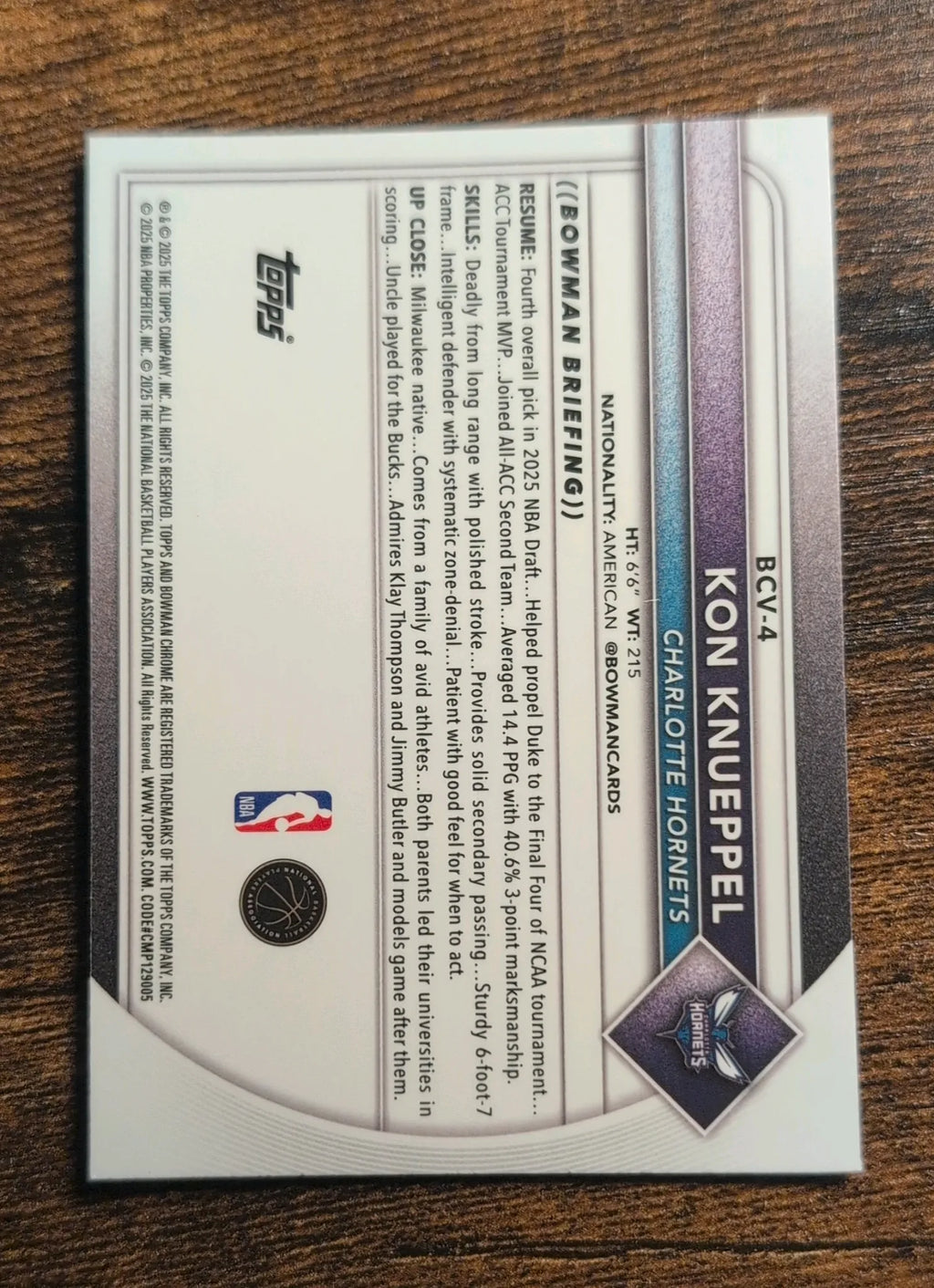 2025-26 Bowman Chrome Kon Knueppel RC #BCV-4 Charlotte Hornets