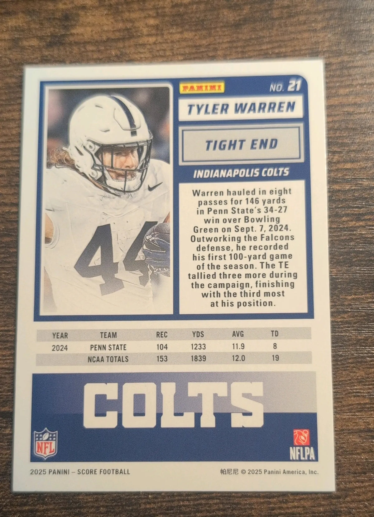 2025 Panini Score Tyler Warren Rookie #21 Halloween Parallel