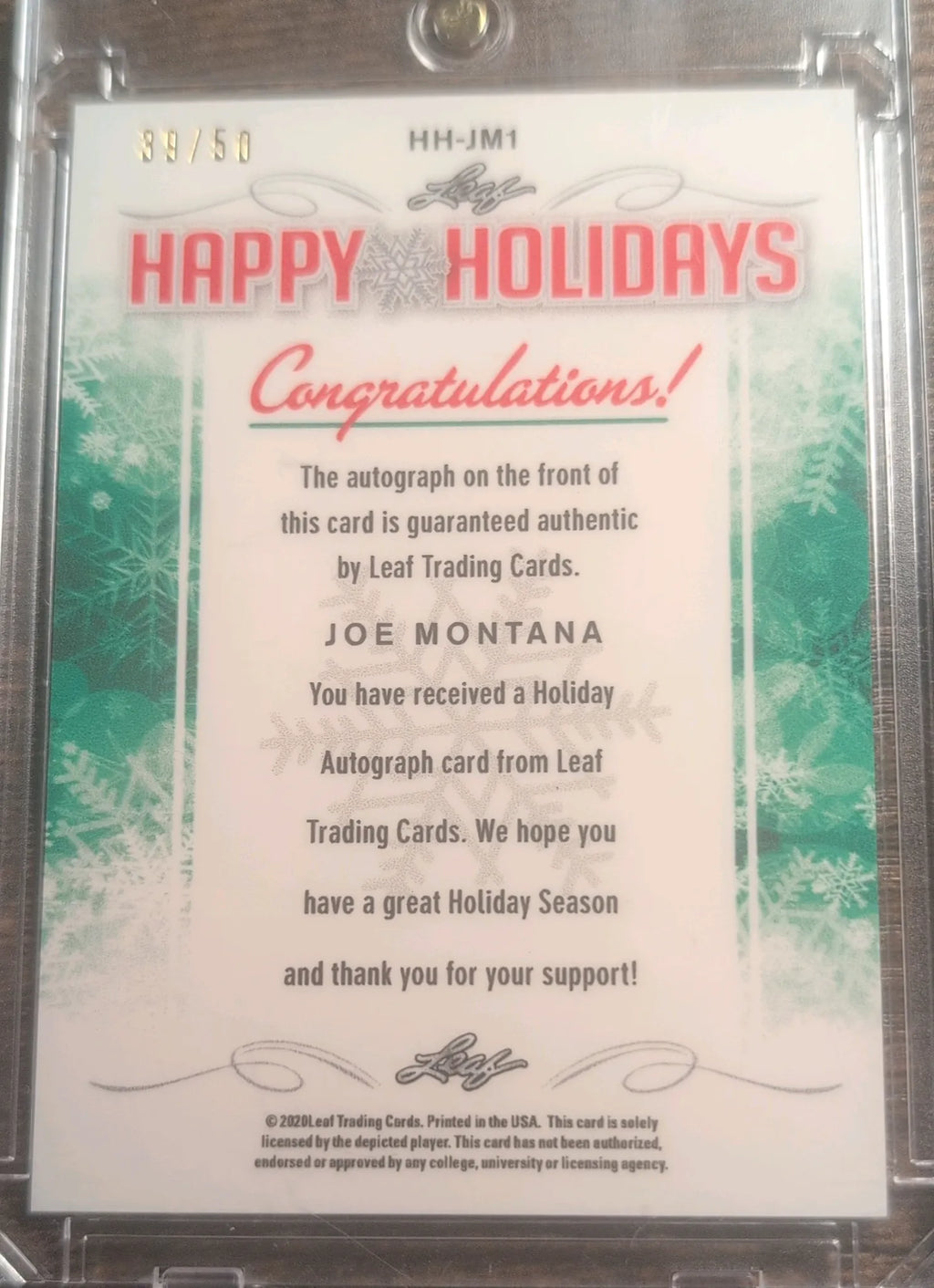 2020 Leaf Happy Holidays Joe Montana Autograph #HH-JM39/50