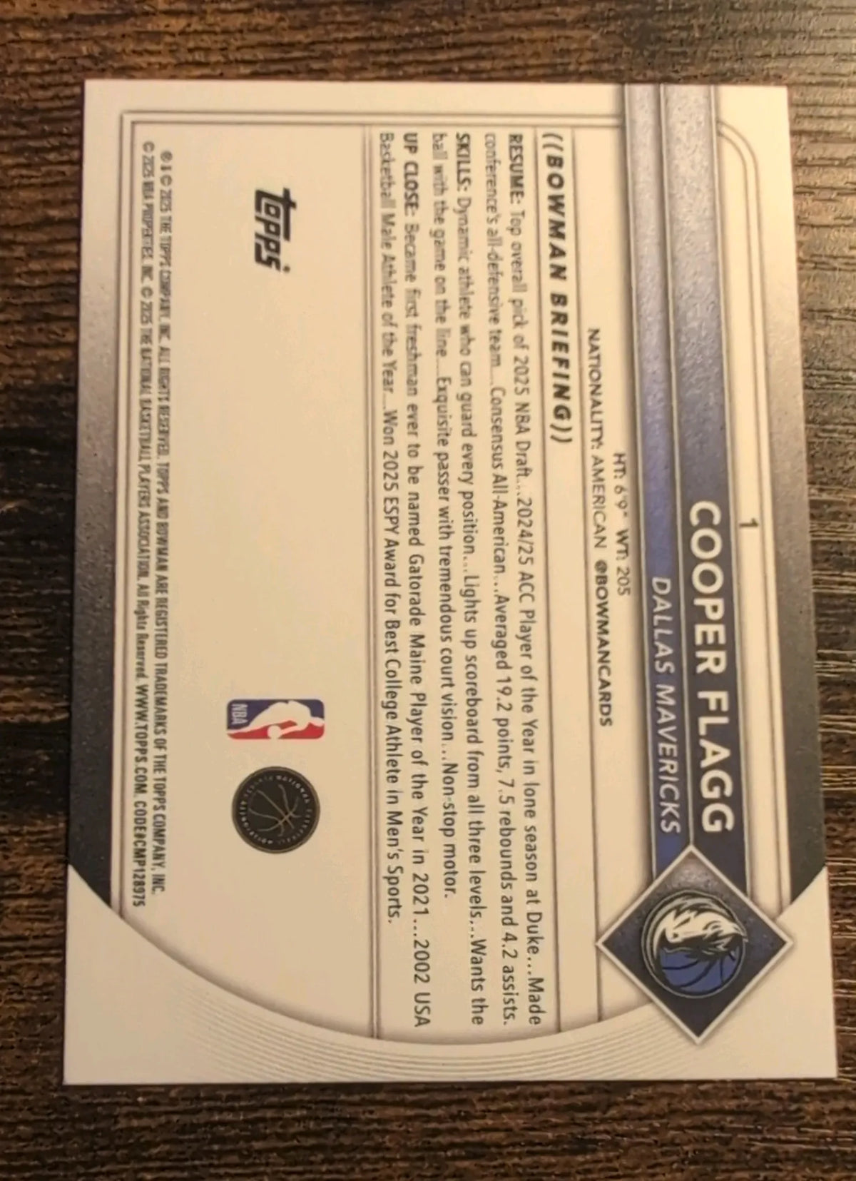 2025-26 Bowman Cooper Flagg RC #1 Dallas Mavericks