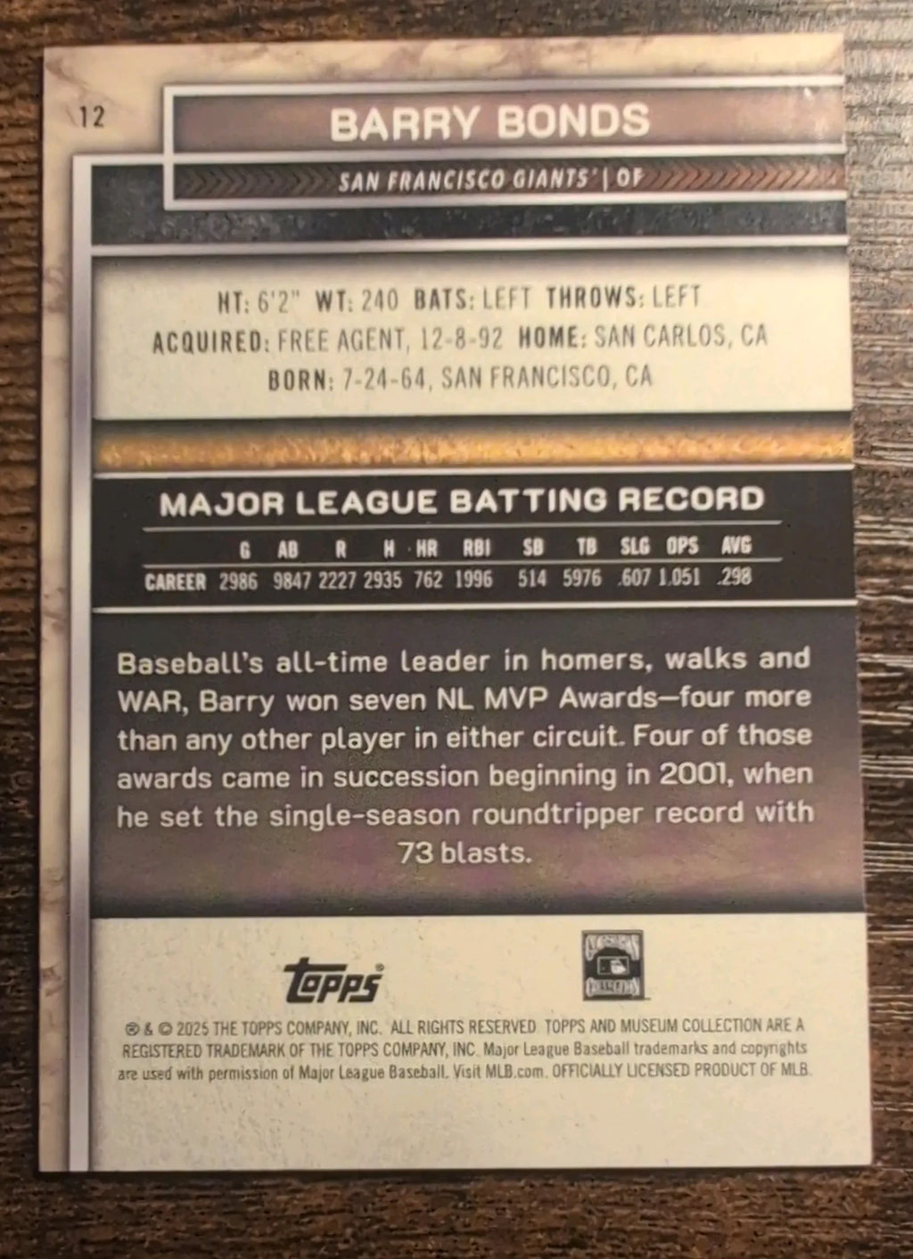 2025 Topps Museum Collection Barry Bonds #12 015/199