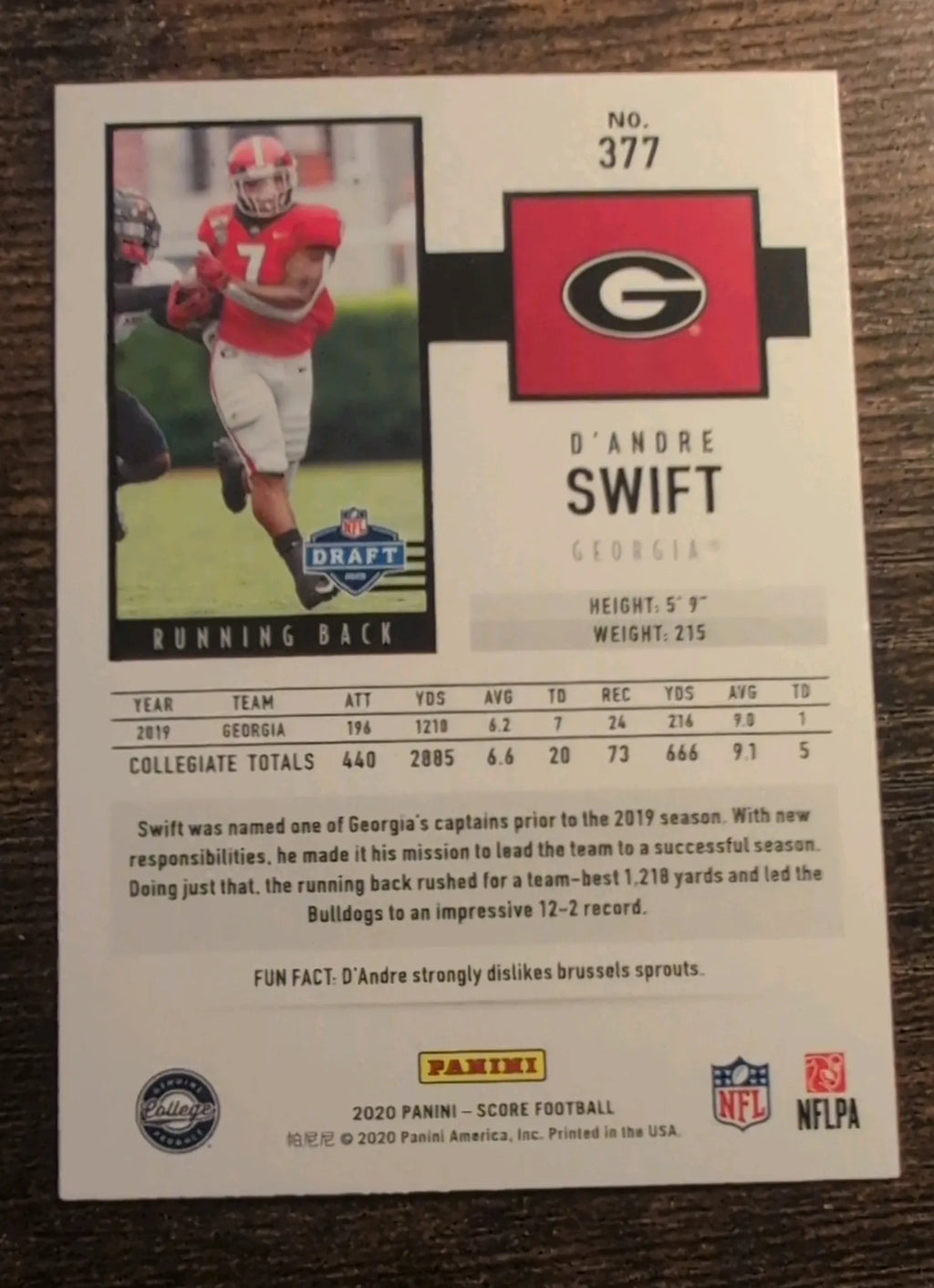 2020 Panini Score D’Andre Swift RC #377 Georgia Bulldogs