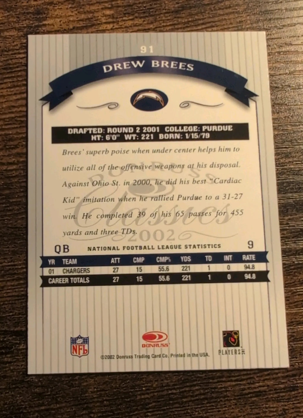 2002 Donruss Classics Drew Brees #91 San Diego Chargers