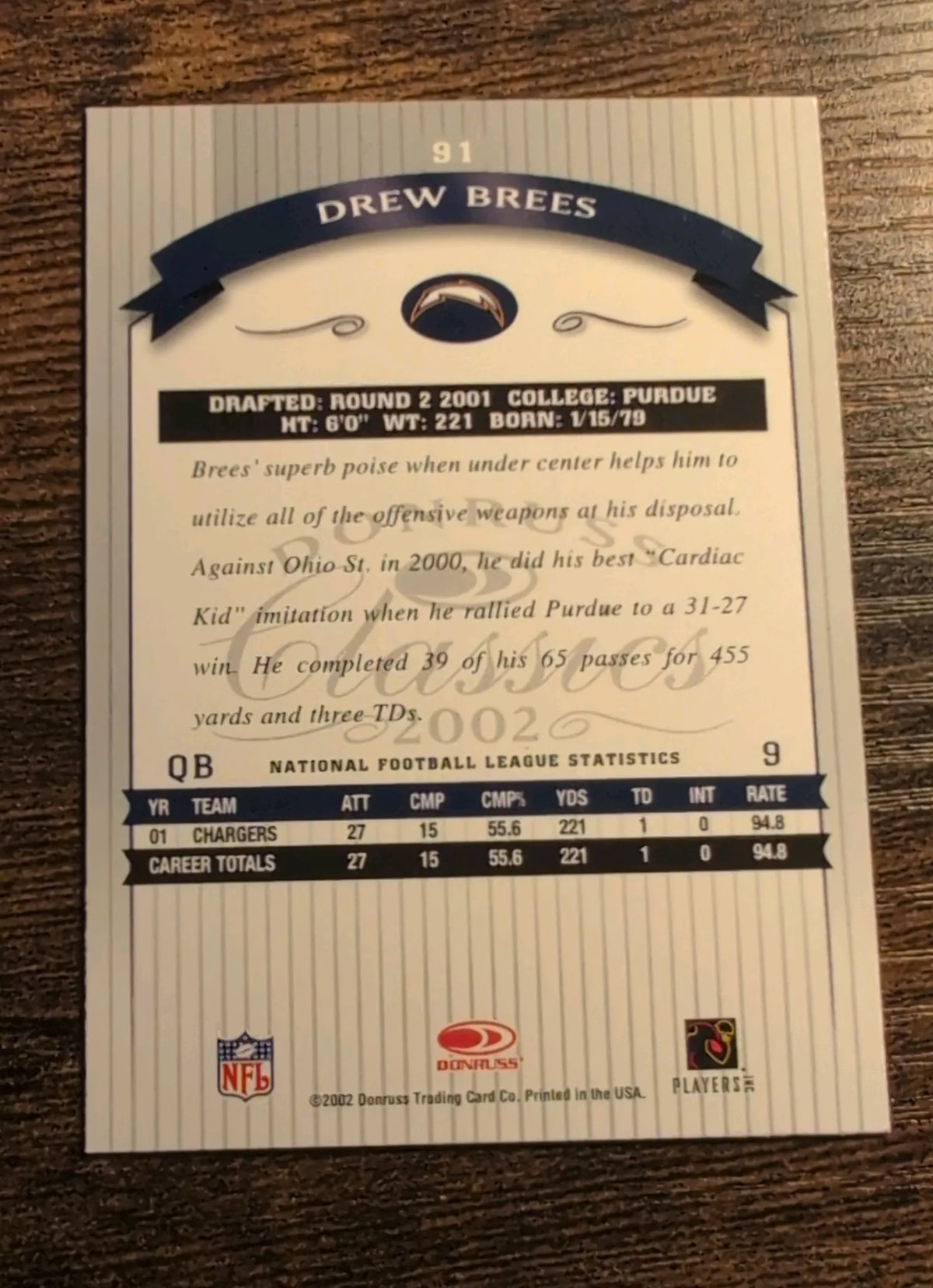 2002 Donruss Classics Drew Brees #91 San Diego Chargers