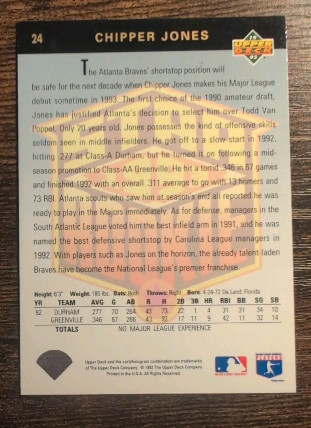1992 Upper Deck Chipper Jones Star Rookie #24