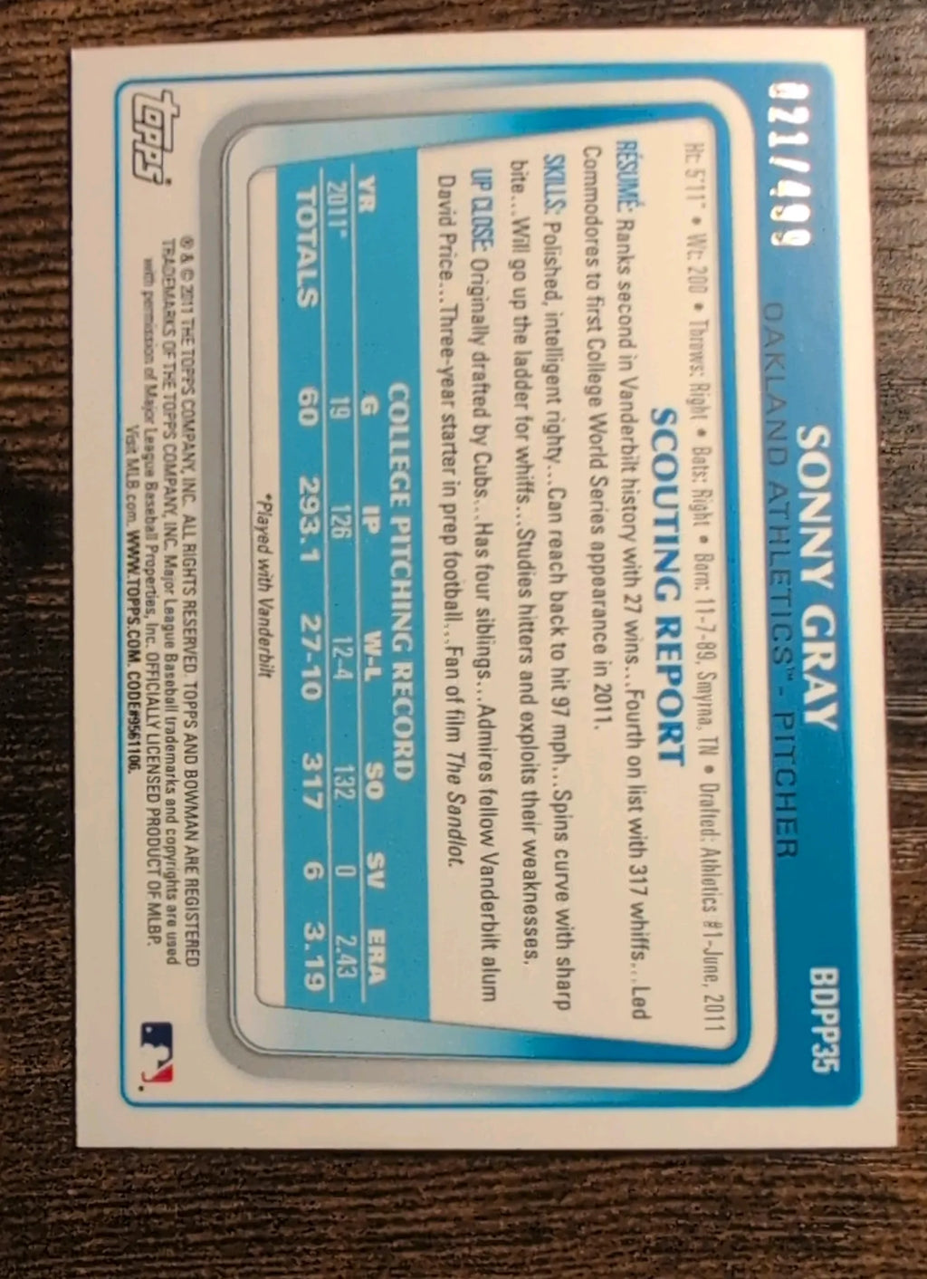 2011 Bowman Draft Sonny Gray 1st Bowman #BDPP35 Blue 021/499