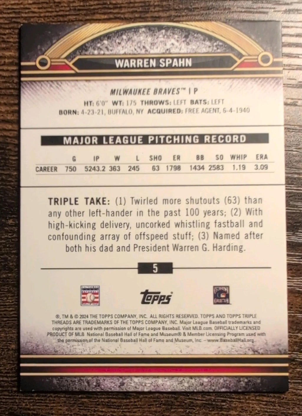 2024 Topps Triple Threads Warren Spahn #5 Amber 051/199