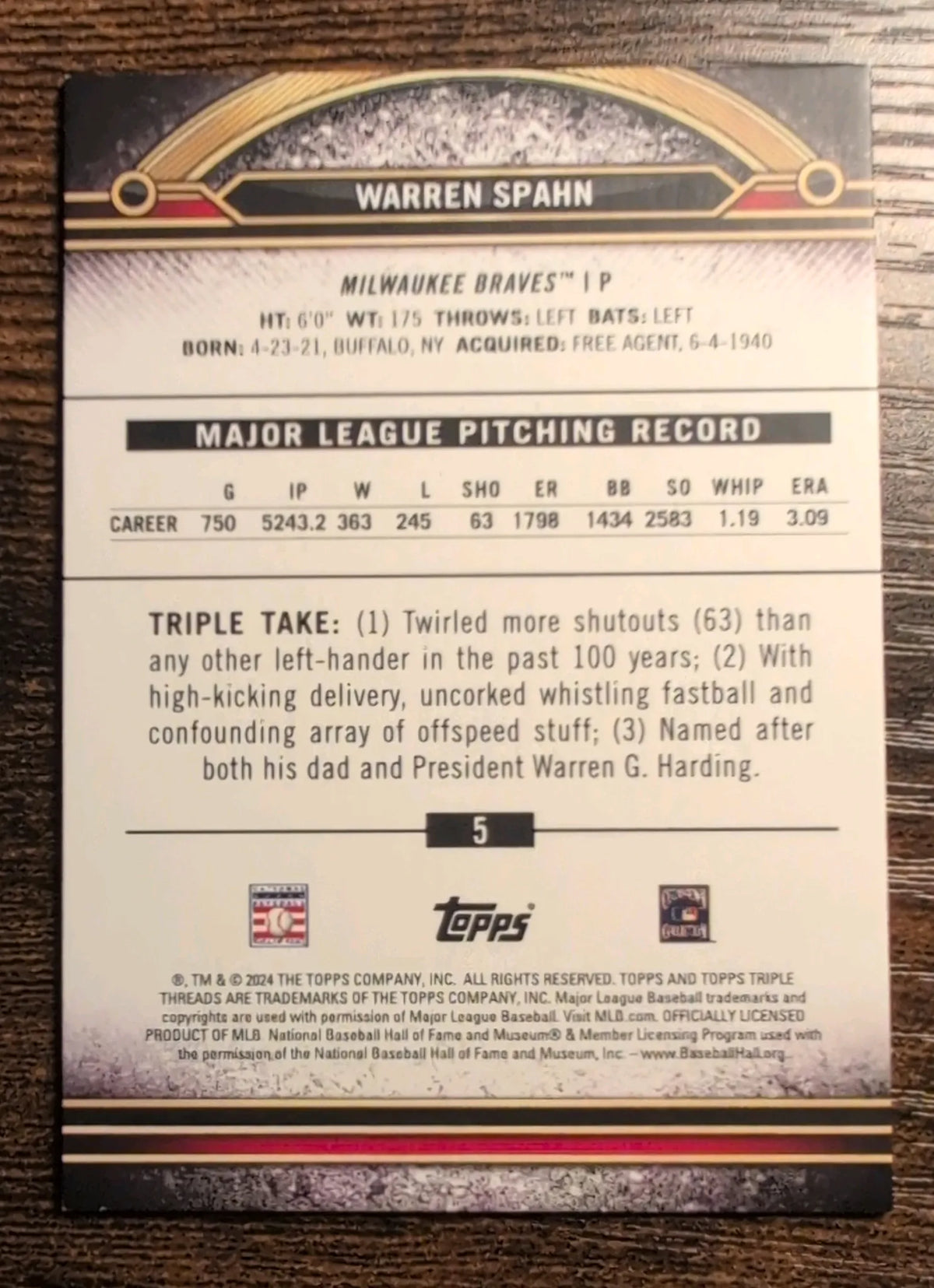 2024 Topps Triple Threads Warren Spahn #5 Amber 051/199