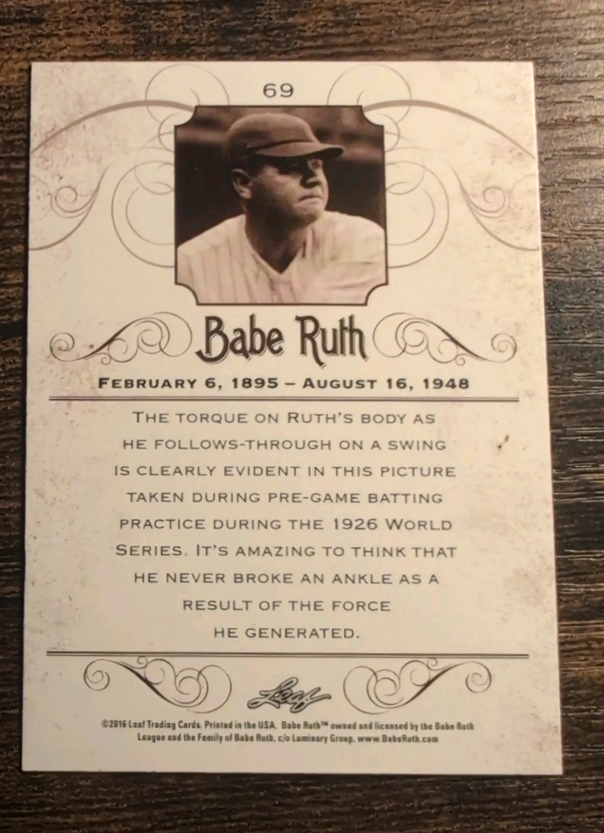 2016 Leaf Babe Ruth #69 The Babe’s Legendary Follow-Through
