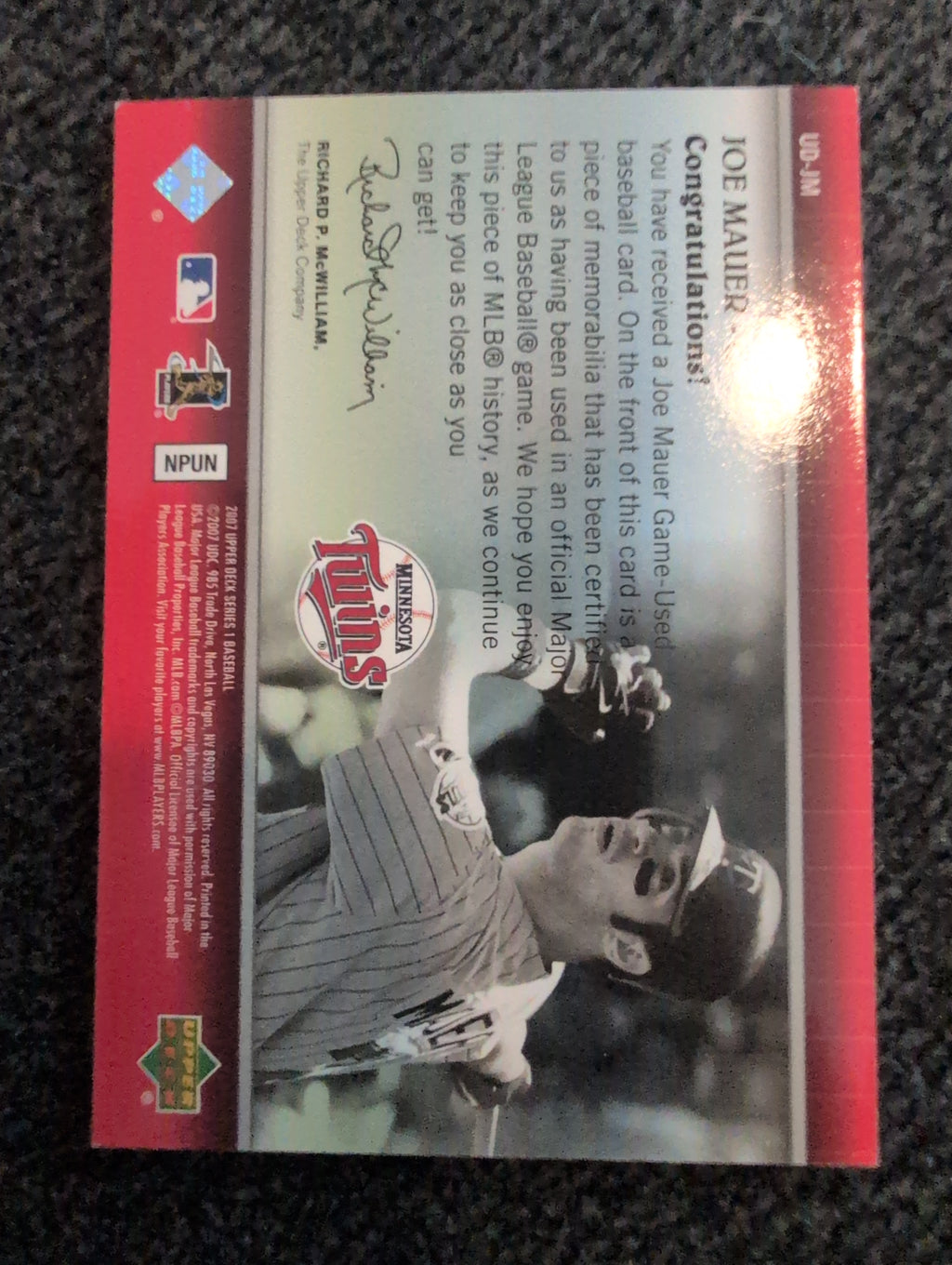 2007 Upper Deck Joe Mauer Game Materials Jersey Relic #UD-JM - Back