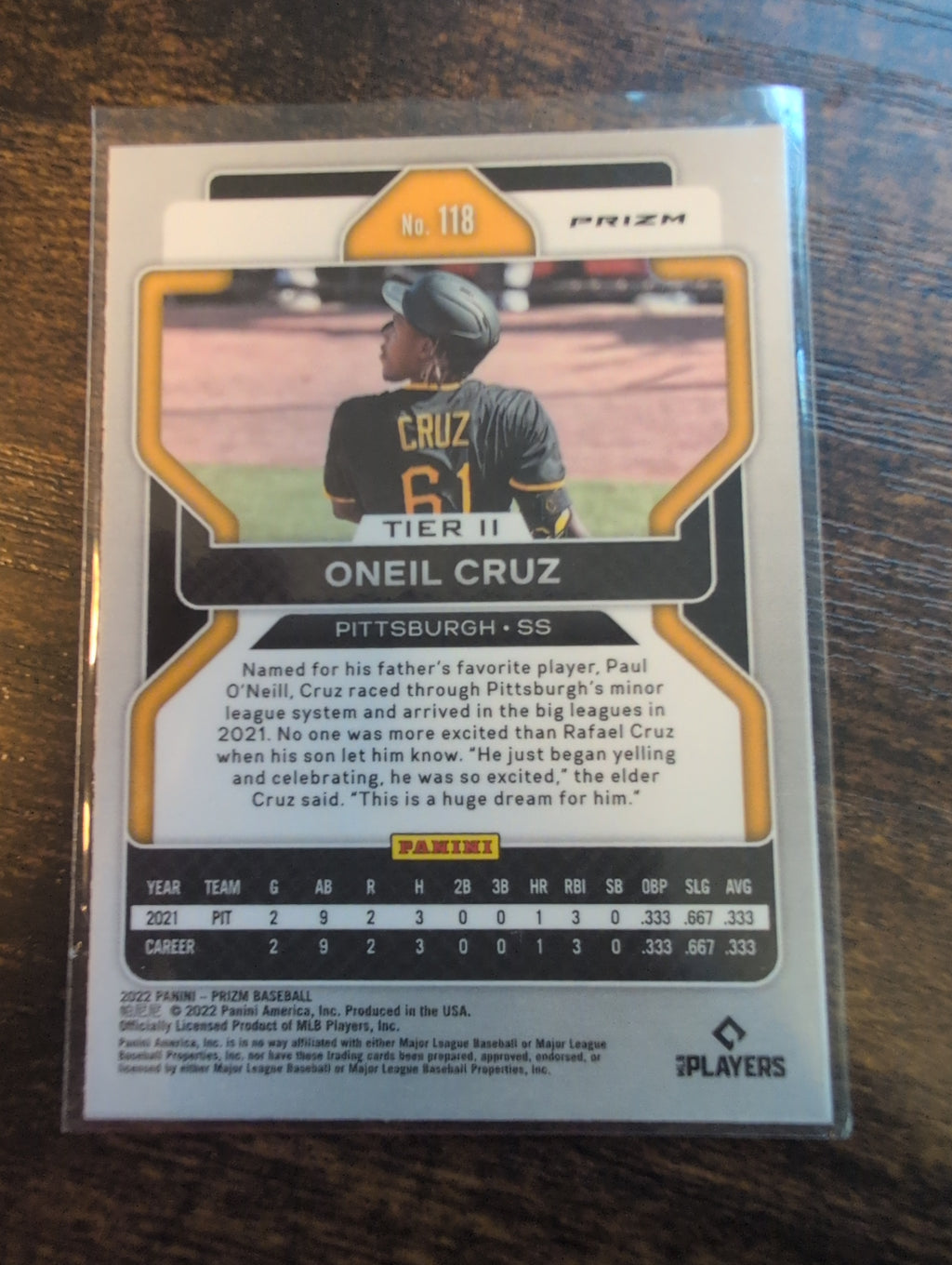 2022 Panini Prizm Oneil Cruz Blue Prizm Rookie RC #118 - Back