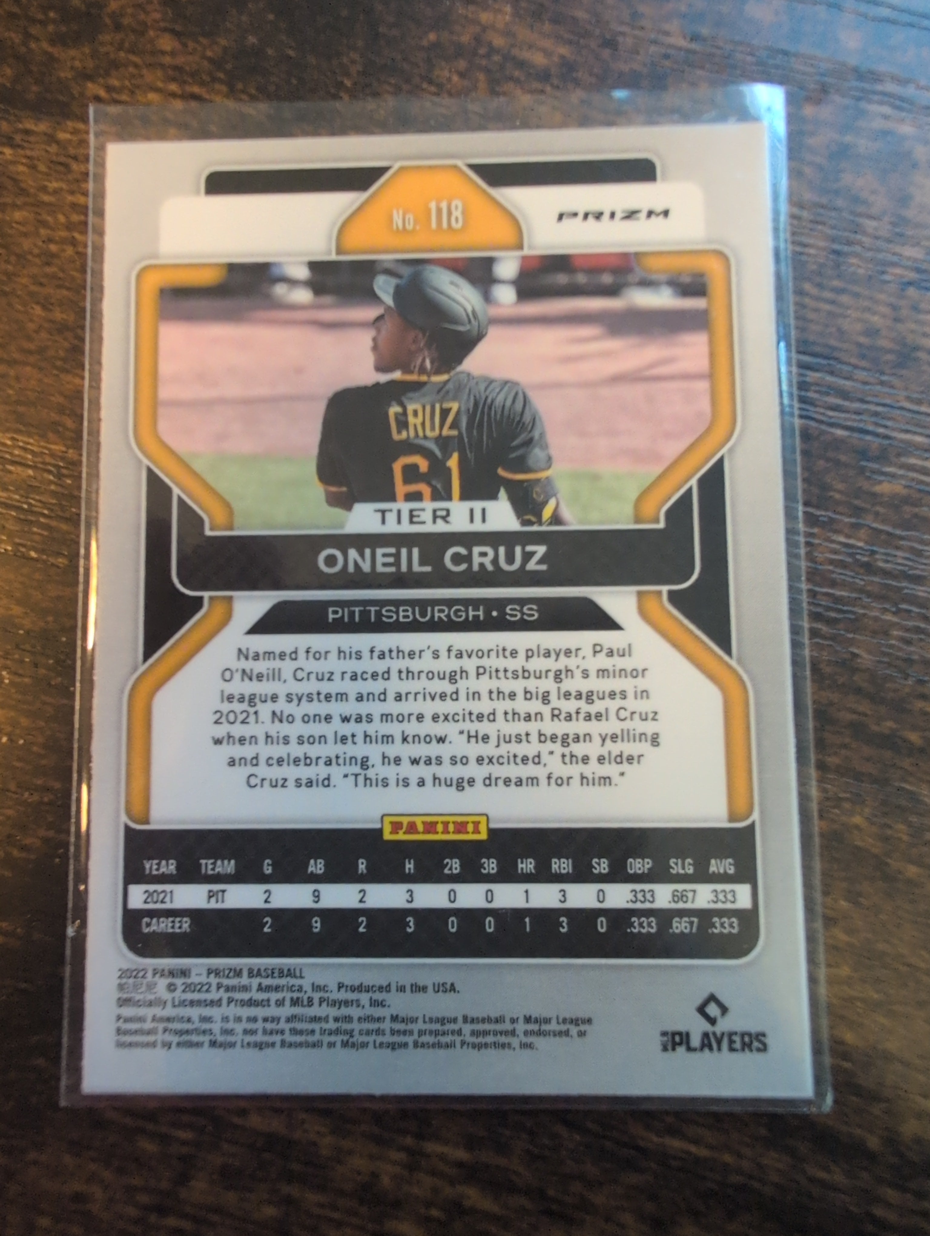 2022 Panini Prizm Oneil Cruz Blue Prizm Rookie RC #118 - Back