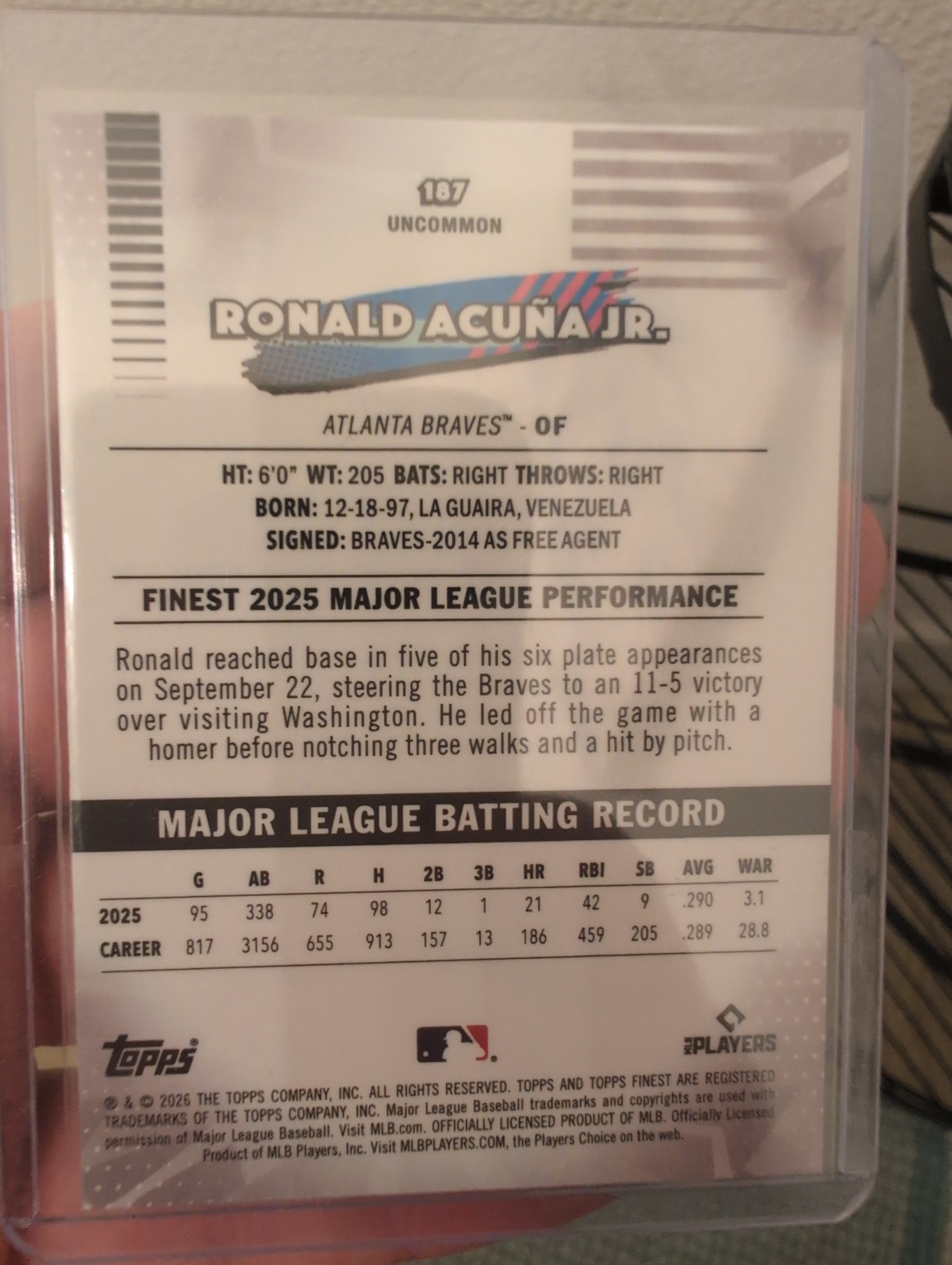 2026 Topps Finest Ronald Acuña Jr. #187 Uncommon Refractor - Back