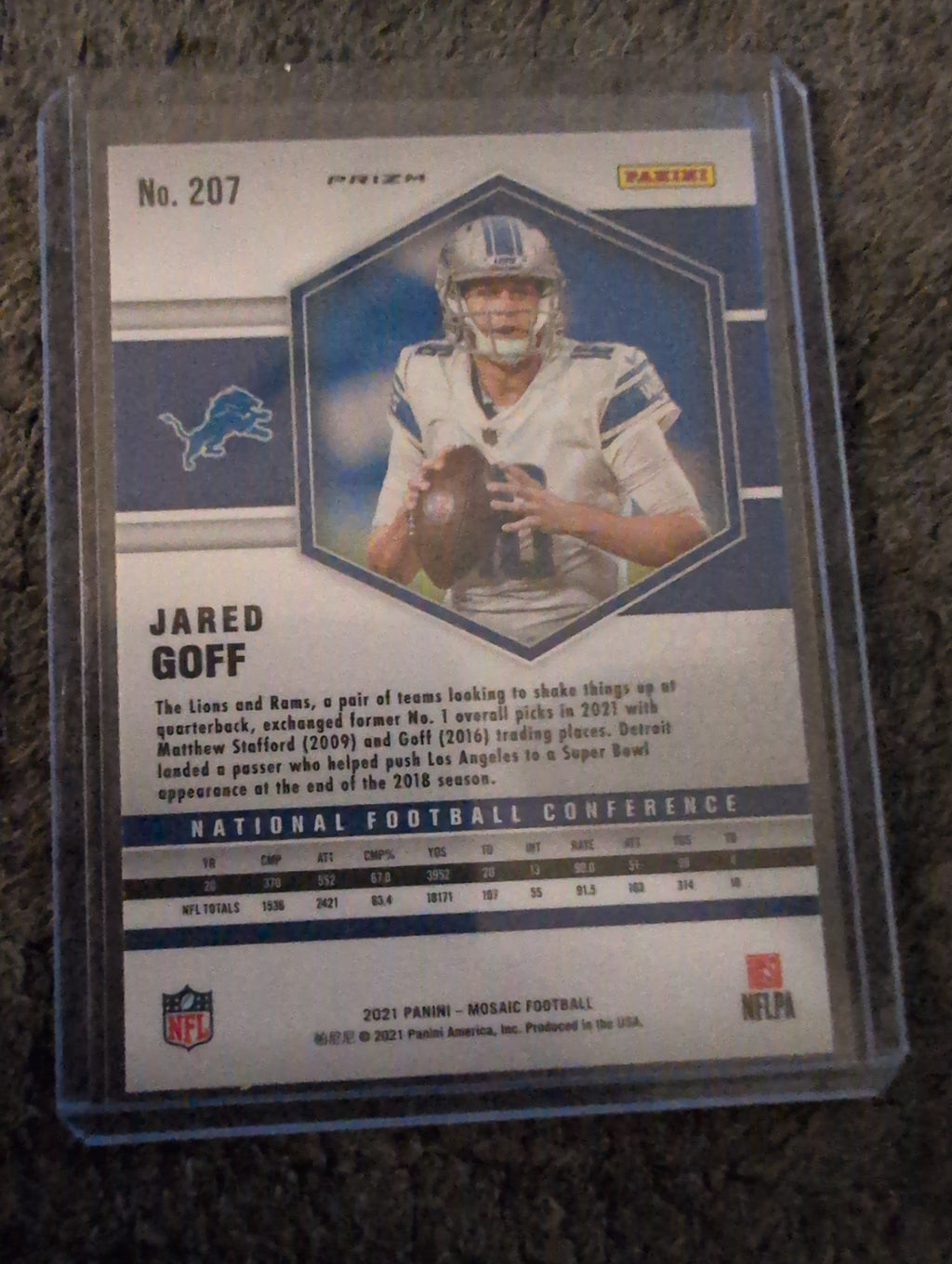 2021 Panini Mosaic Jared Goff Silver Prizm NFC #207 - Back