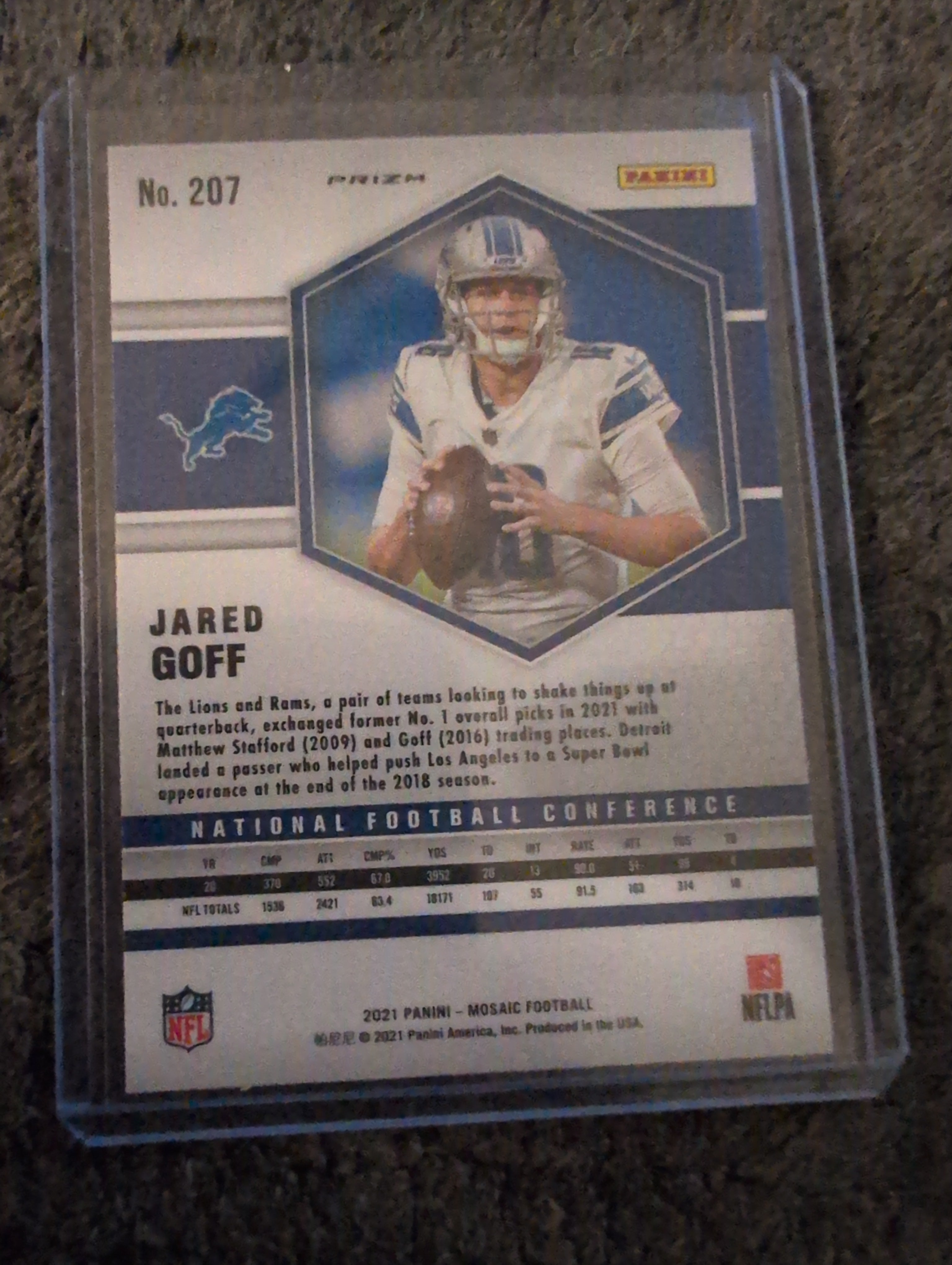 2021 Panini Mosaic Jared Goff Silver Prizm NFC #207 - Back