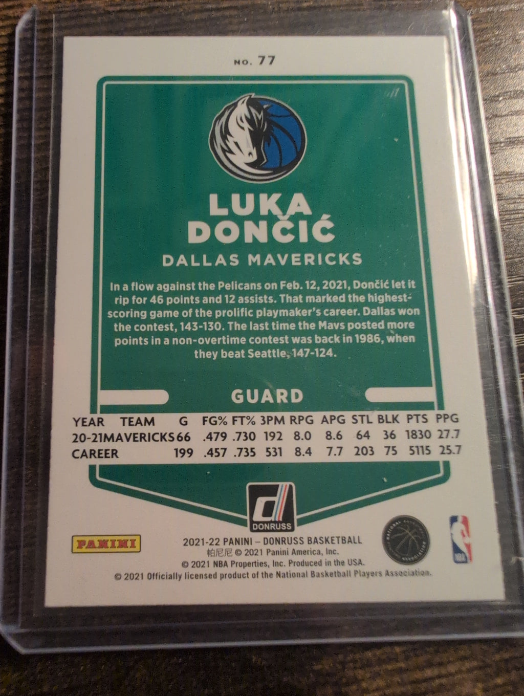 2021-22 Panini Donruss Luka Dončić #77 Back