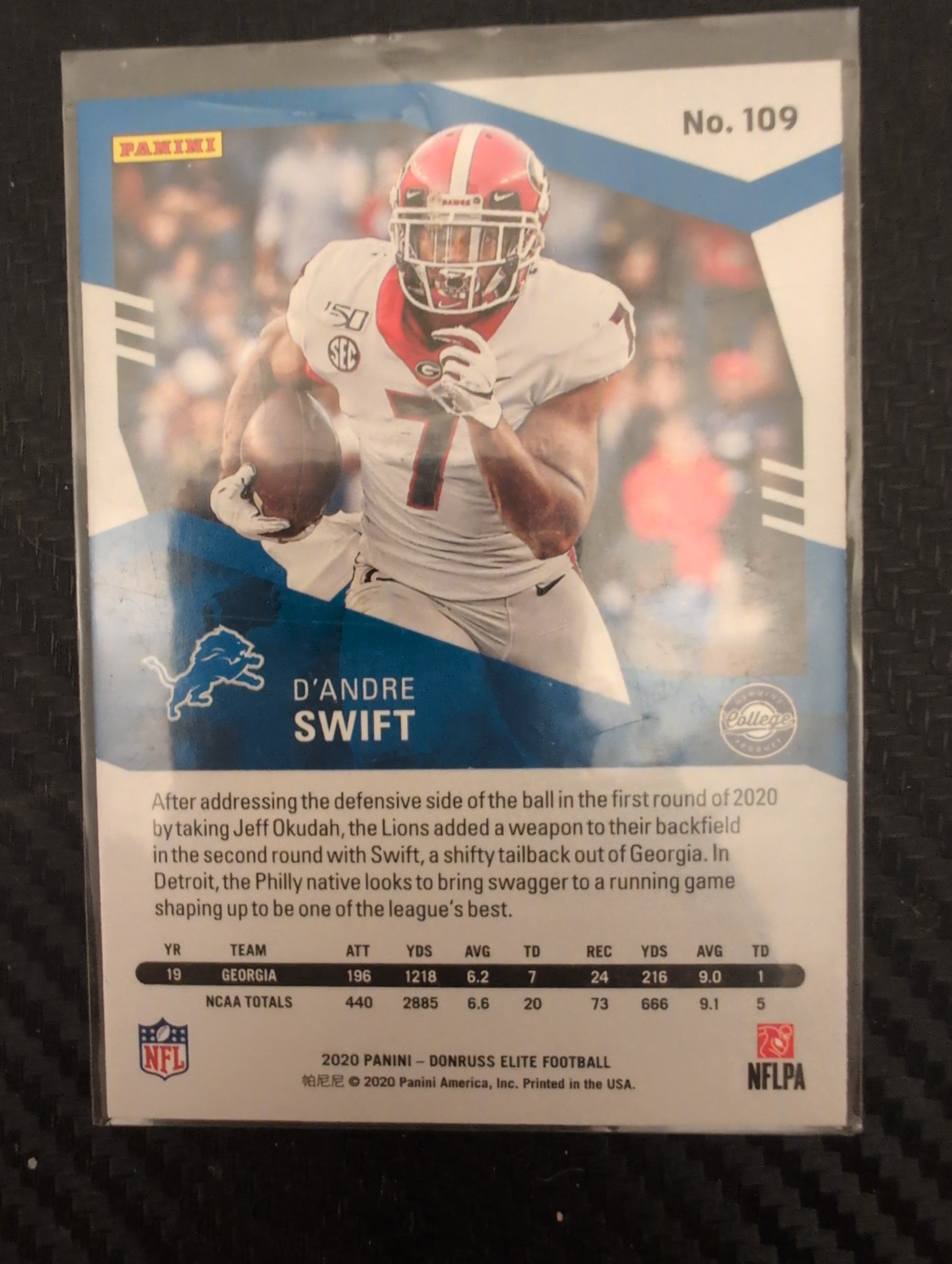 2020 Panini Donruss Elite D'Andre Swift RC #109 Back