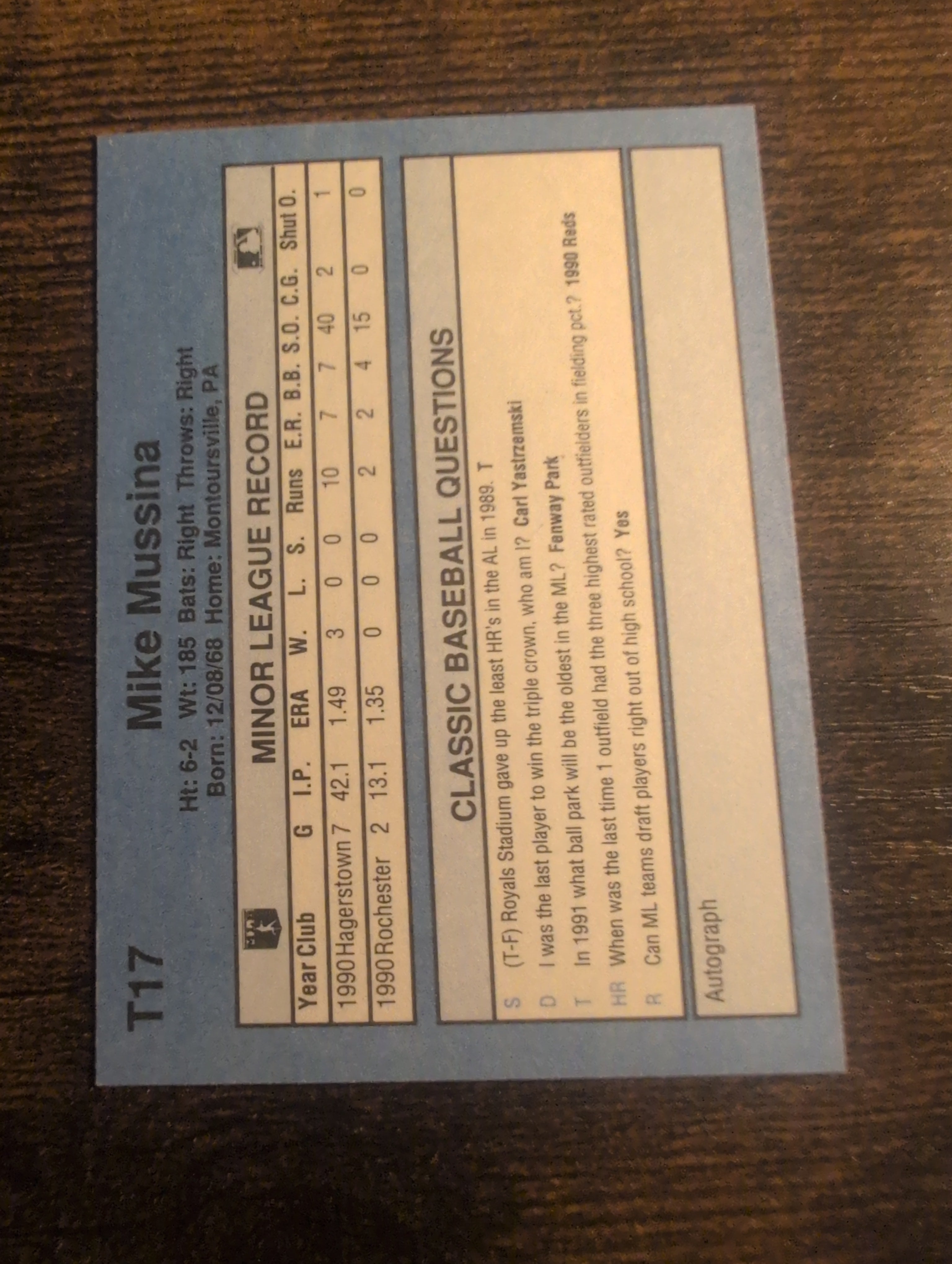1991 Classic Travel Update Mike Mussina #T17 Back