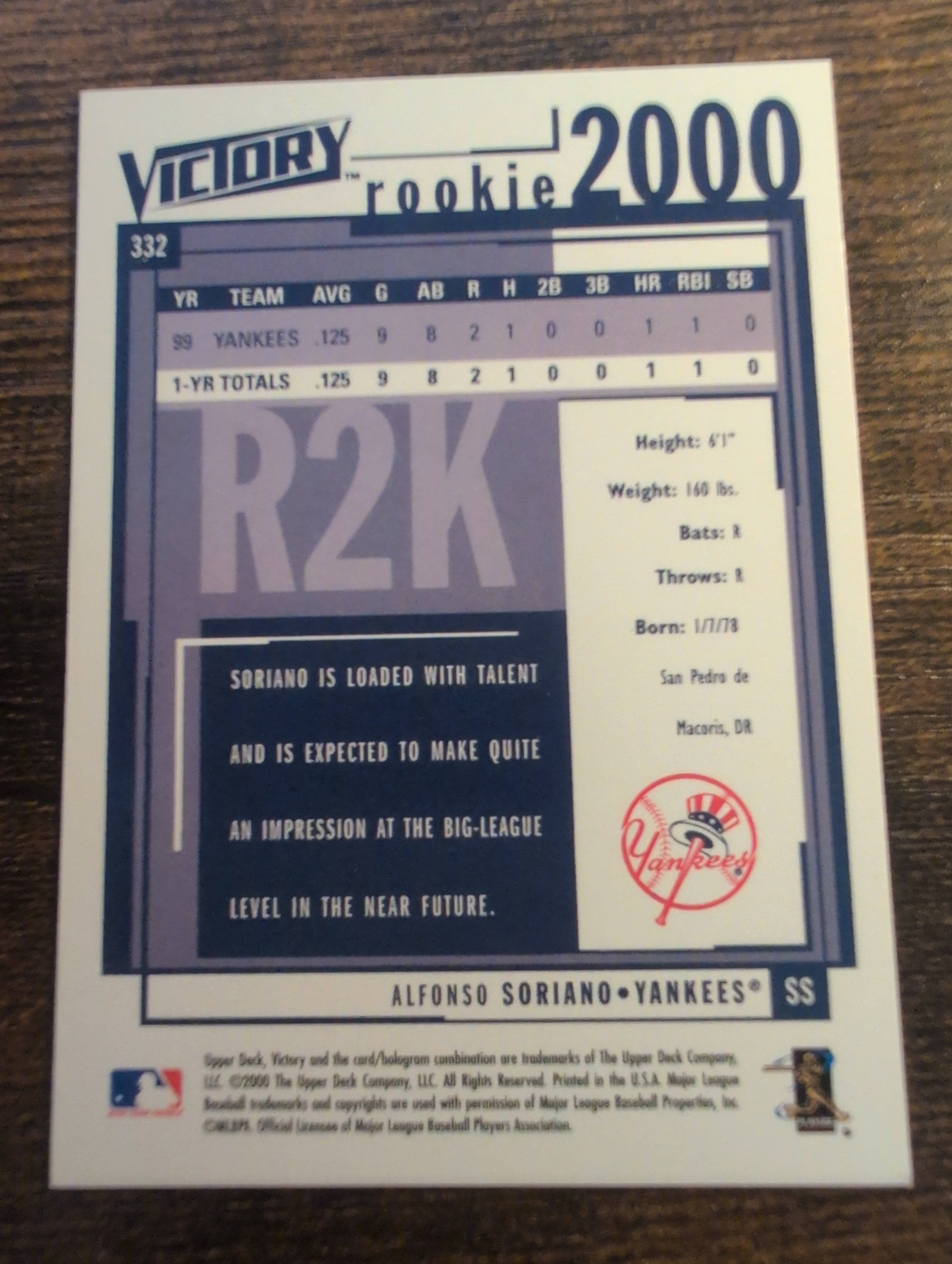 2000 Upper Deck Victory Rookie Alfonso Soriano #332 back