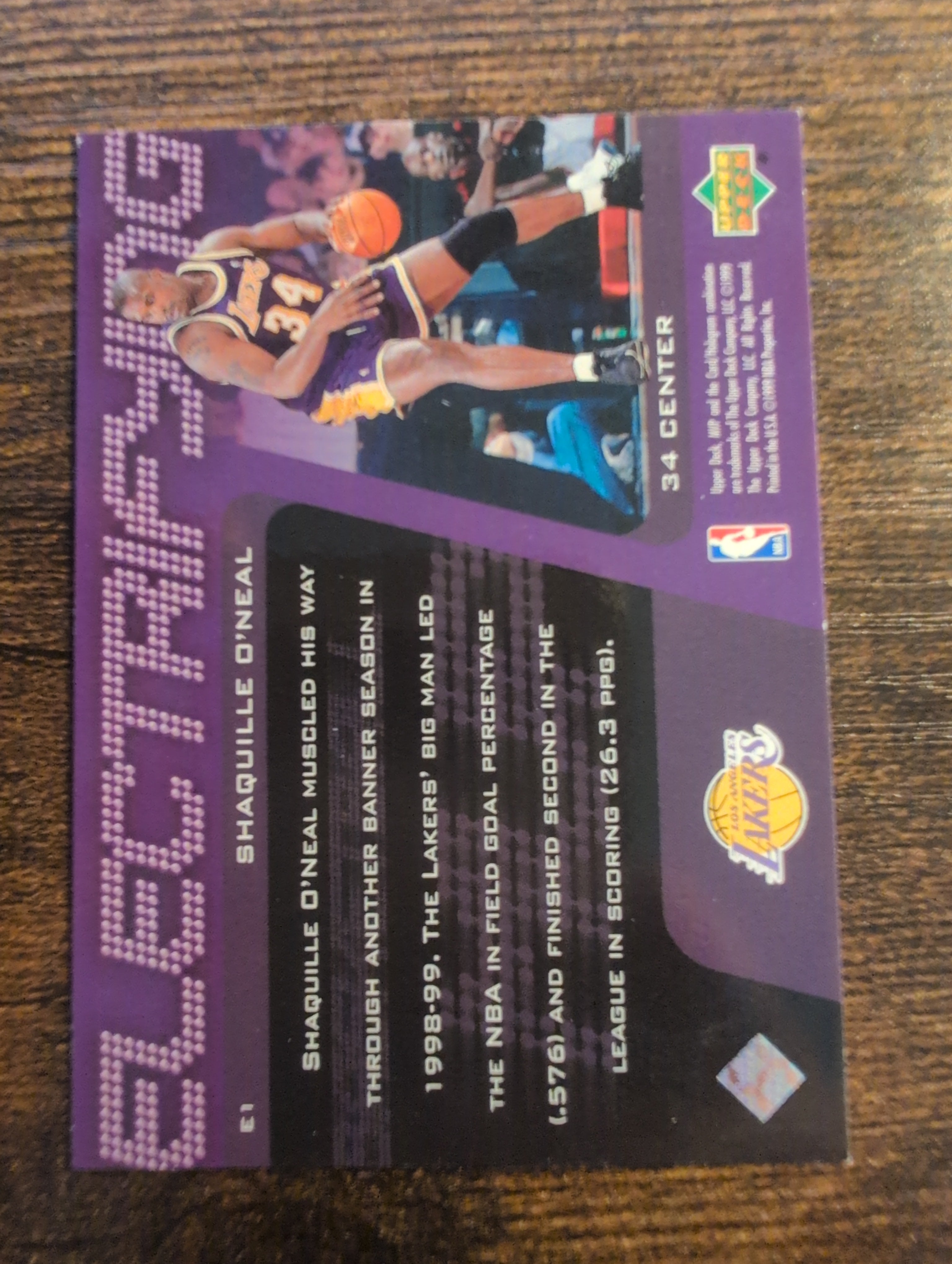 Back of Shaquille O'Neal Upper Deck Electrifying E1 basketball card
