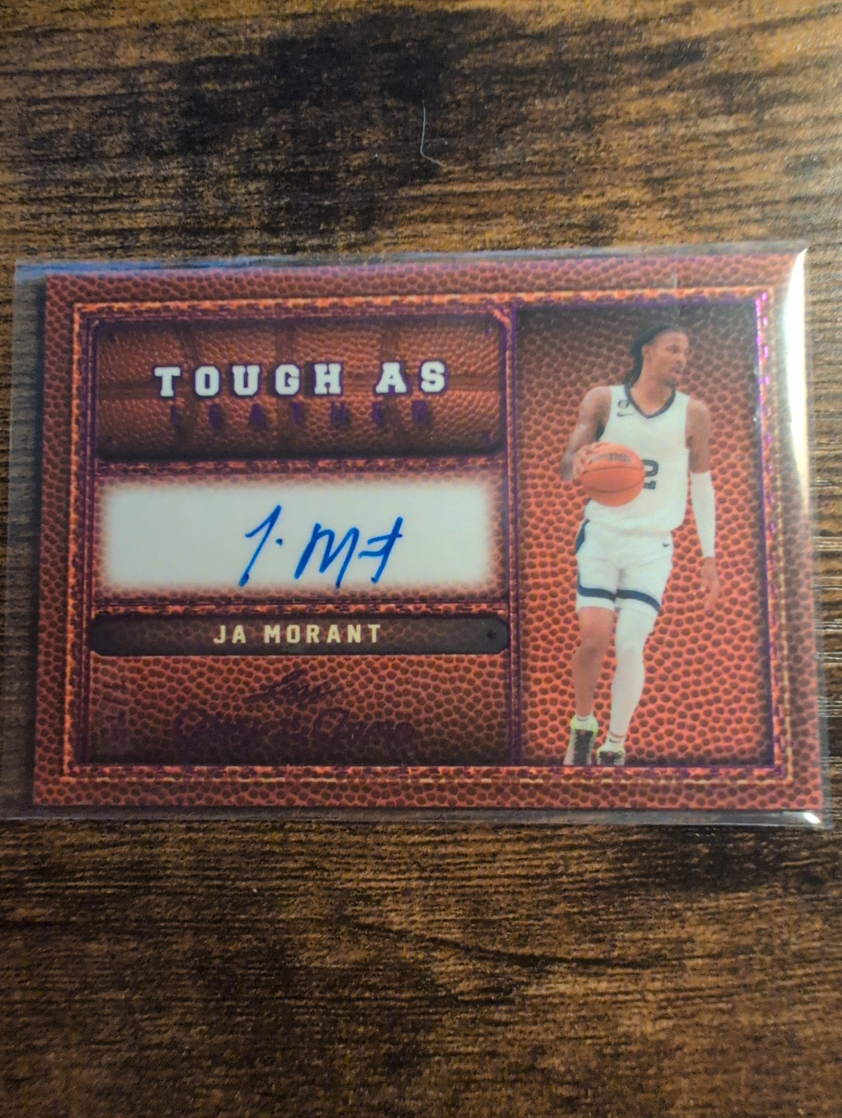 Front of Ja Morant Leaf Tough as Leather autograph numbered 1/15